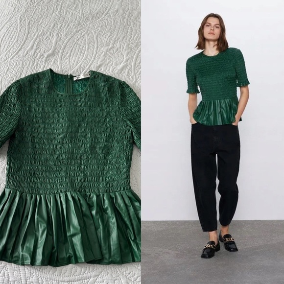 Zara Tops - ZARA Emerald Pleated Short Sleeve peplum leather blouse size small